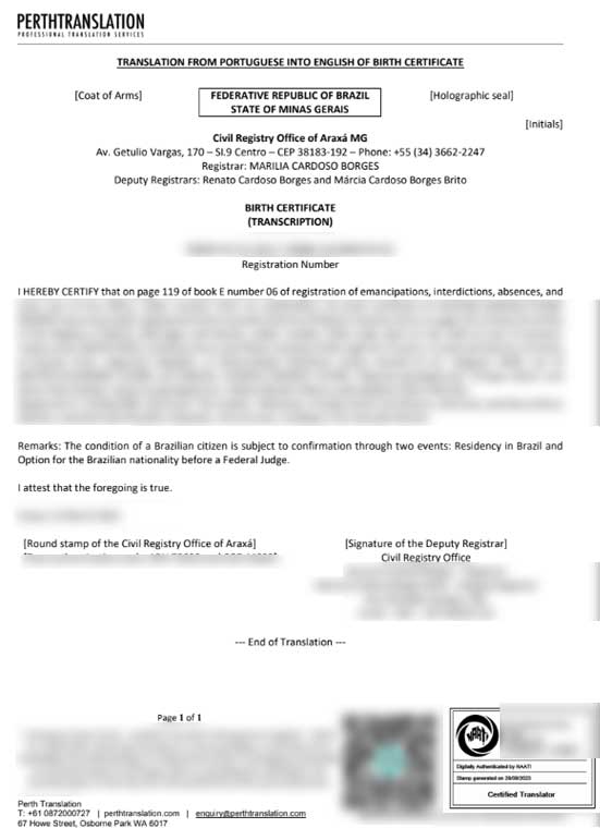 Birth certificate translation