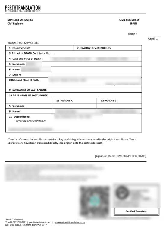 Death certificate translation